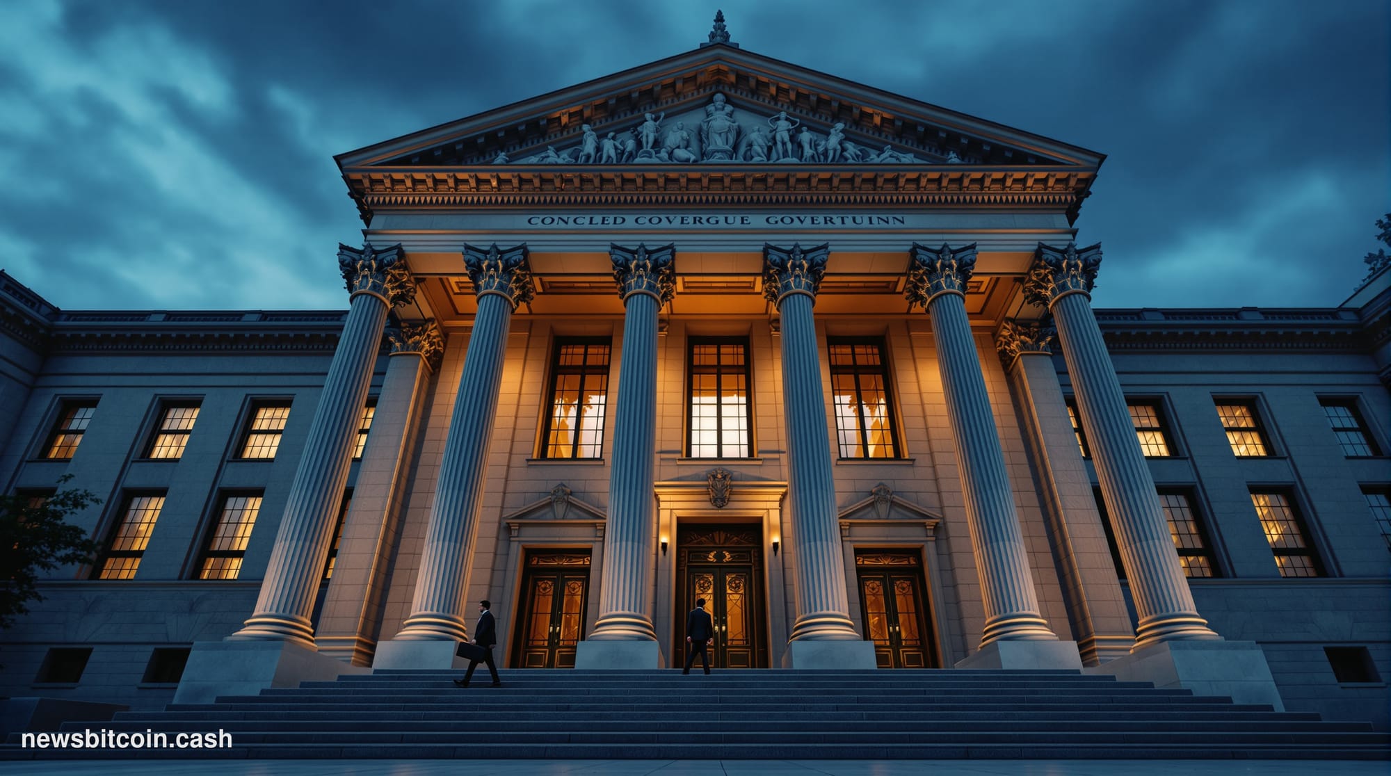 Cinematic photorealistic editorial photograph of the SEC headquarters building in Washington D.C. — the distinctive neoclassi