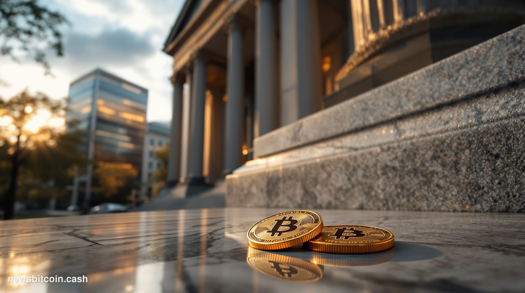 A cinematic photorealistic editorial photograph shot from a low angle looking up at the imposing neoclassical stone facade of