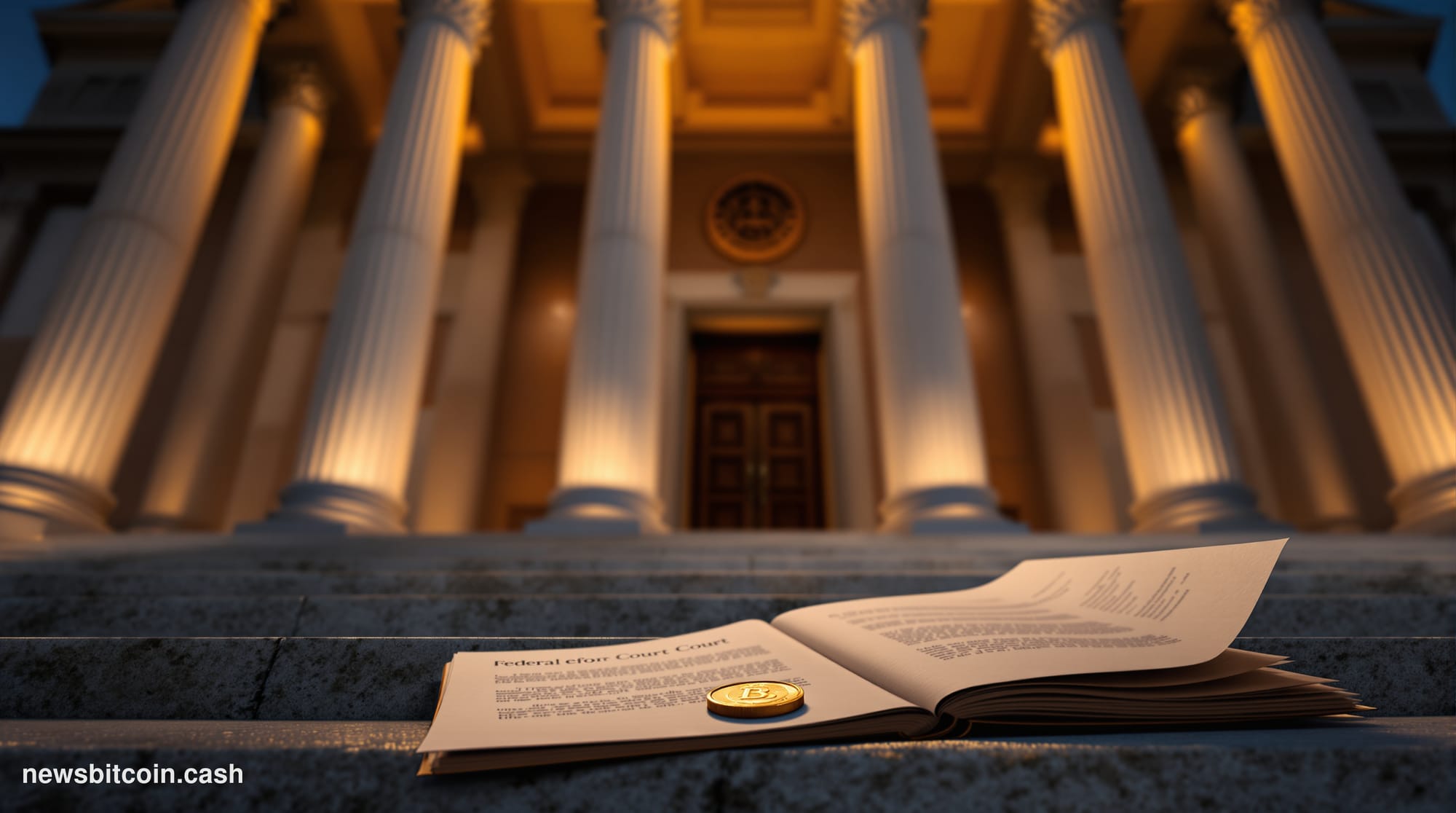 Cinematic photorealistic editorial photograph of a grand federal courthouse entrance — marble columns, stone steps, and the s