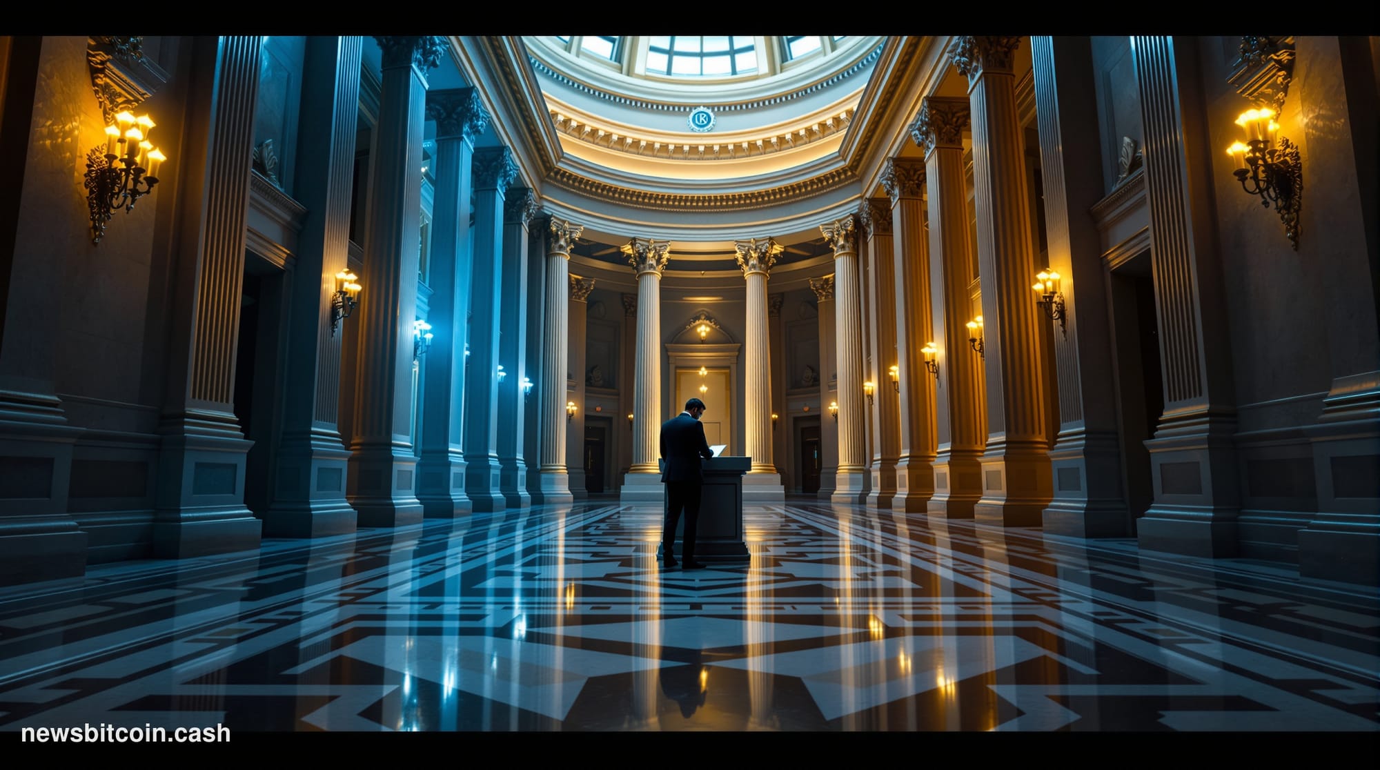 A cinematic photorealistic editorial photograph shot inside a grand Washington D.C. federal building corridor, with two oppos