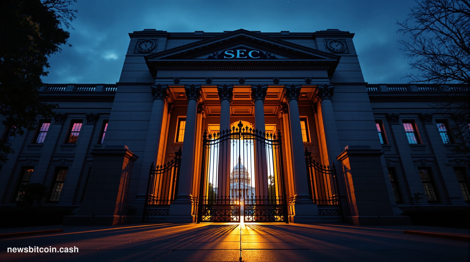 A cinematic photorealistic editorial photograph of the SEC headquarters building in Washington D.C., shot from a low angle at