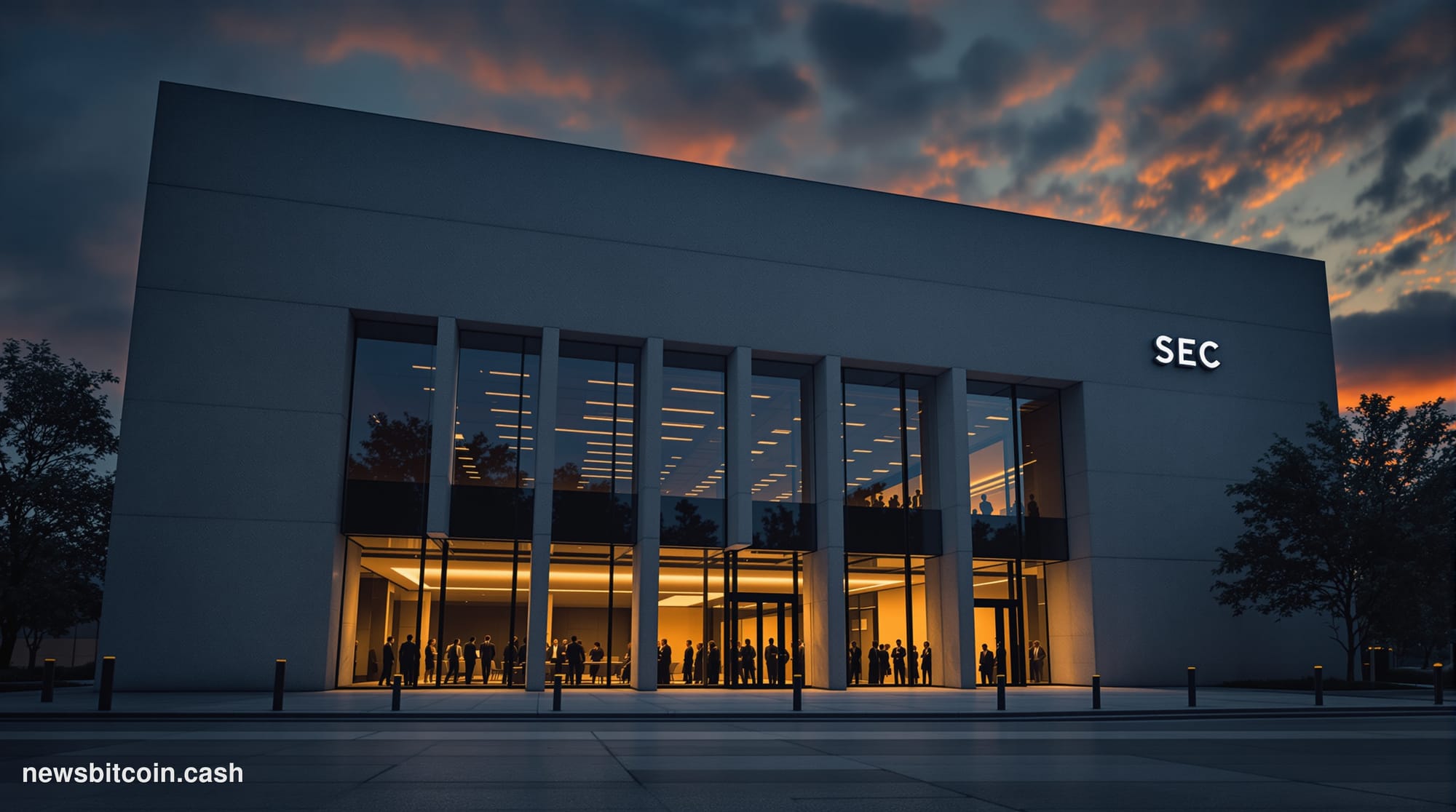 Cinematic photorealistic editorial photograph of the SEC headquarters building in Washington D.C. — the brutalist concrete an