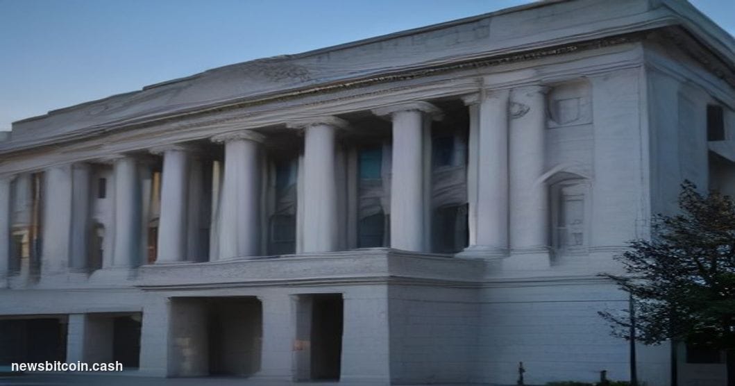 Cinematic photorealistic editorial photograph of the SEC headquarters in Washington D.C. — the brutalist stone facade of 100 