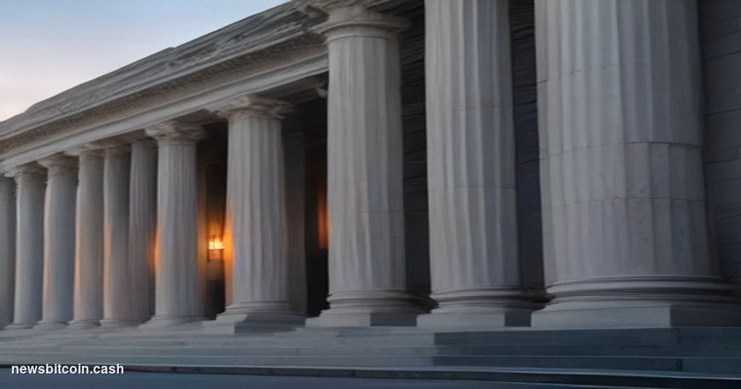 Cinematic photorealistic editorial photograph of the SEC headquarters building in Washington D.C. — the neoclassical facade o