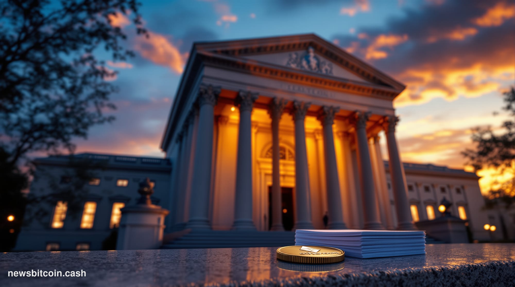 A cinematic photorealistic editorial photograph of the SEC headquarters building in Washington D.C. — the neoclassical facade