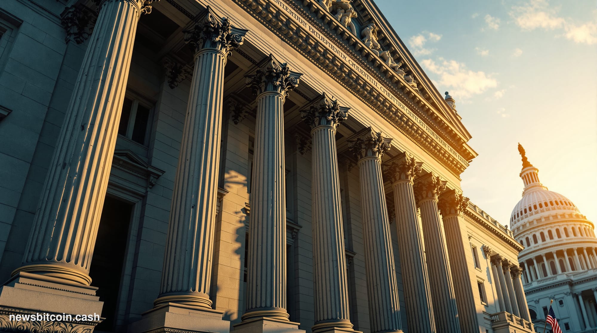 Cinematic photorealistic editorial photograph of the SEC headquarters building in Washington D.C. — the neoclassical facade o