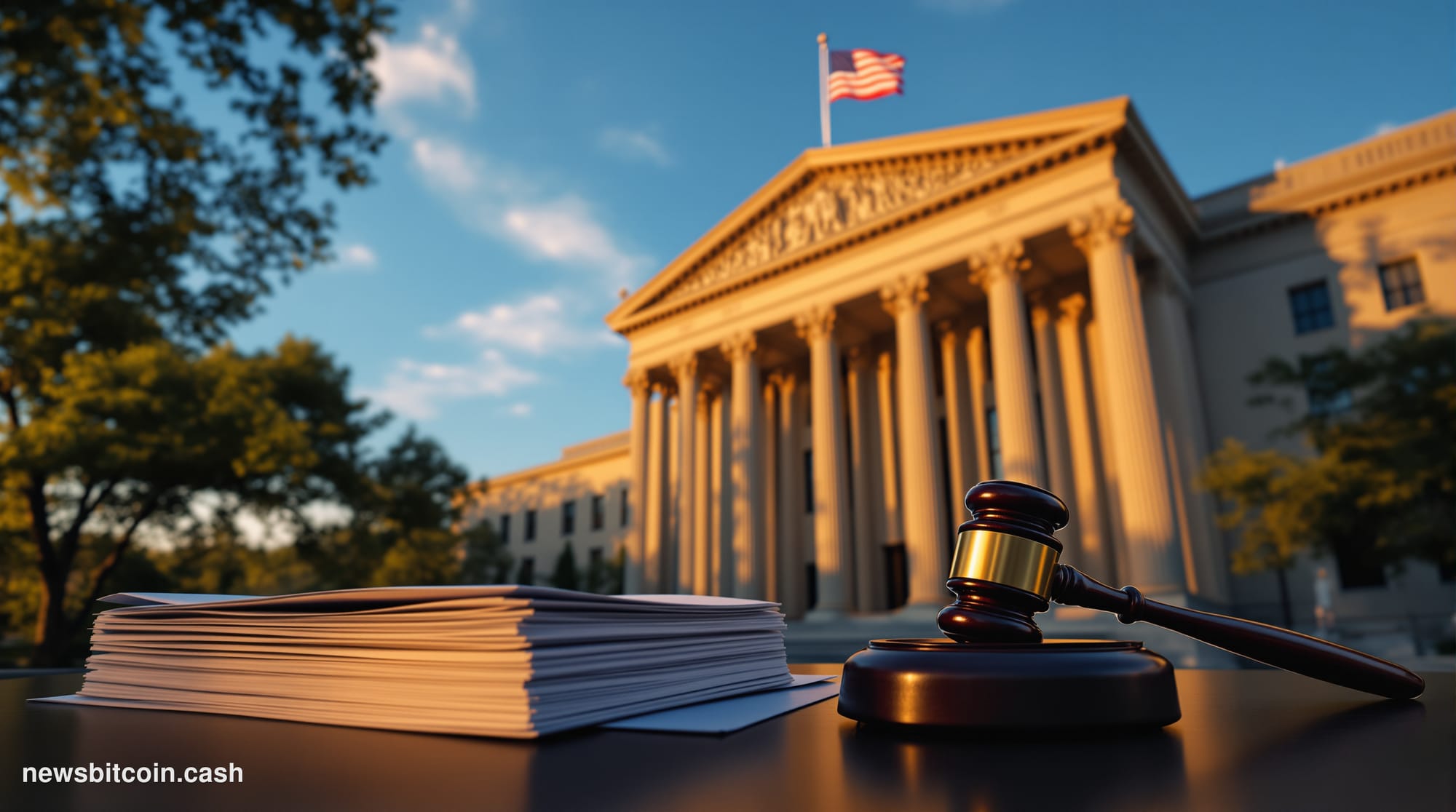 A cinematic photorealistic editorial photograph of the SEC headquarters building in Washington D.C. — the distinctive neoclas