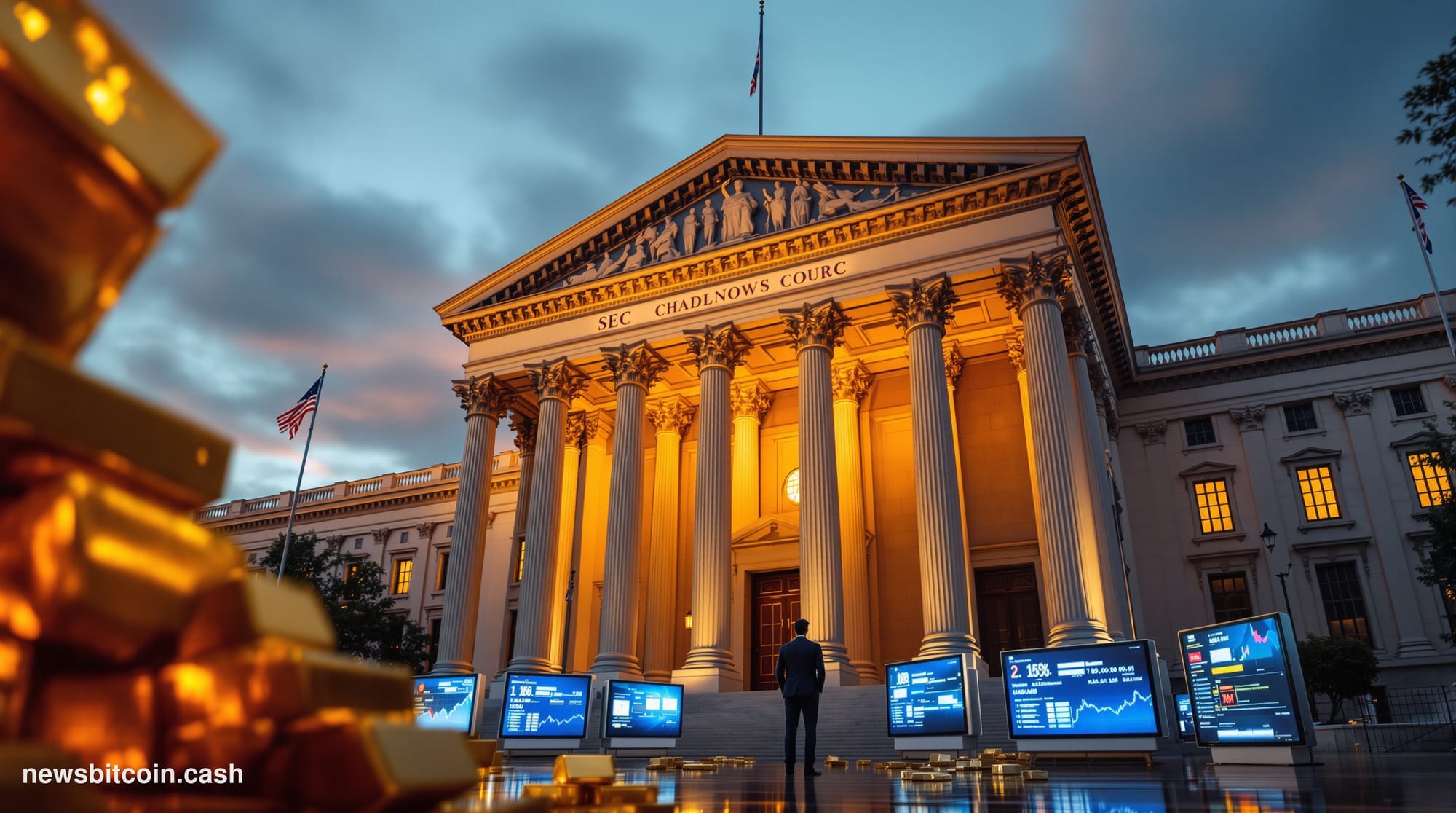 Cinematic photorealistic editorial photograph of the SEC headquarters building in Washington D.C. — the neoclassical facade l