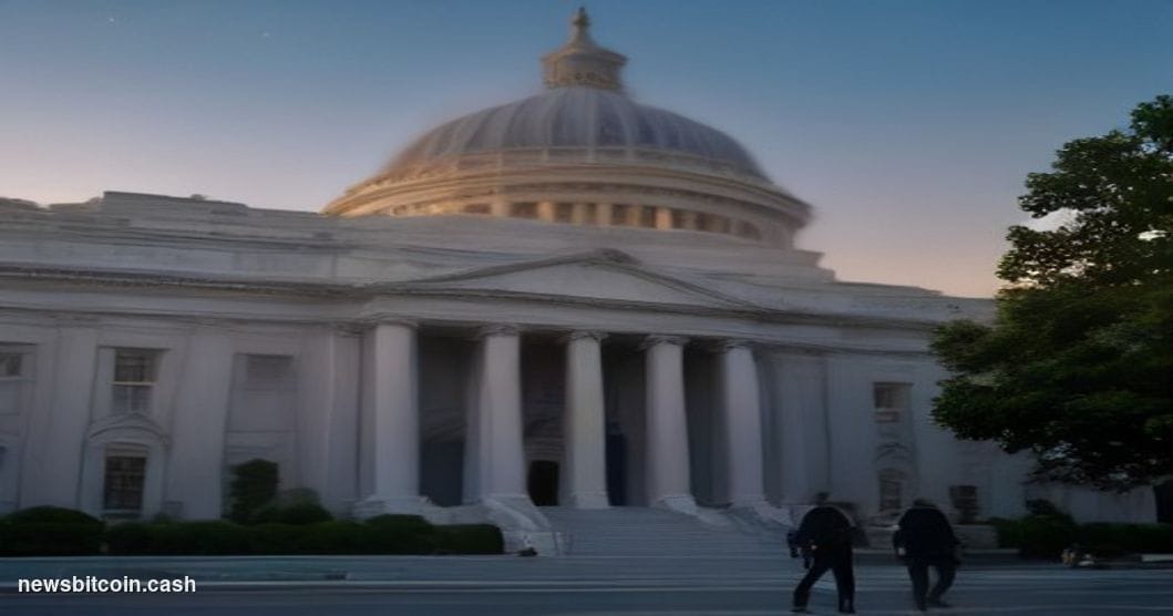 A cinematic photorealistic editorial photograph of the SEC headquarters building in Washington D.C., shot at dusk with dramat