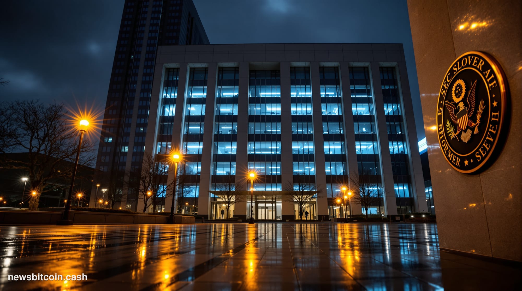 Cinematic photorealistic editorial photograph of the SEC headquarters building in Washington D.C. — the modernist brutalist f