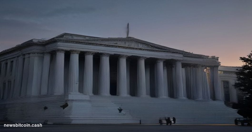 Cinematic photorealistic editorial photograph of the SEC headquarters building in Washington D.C. — the neoclassical marble f
