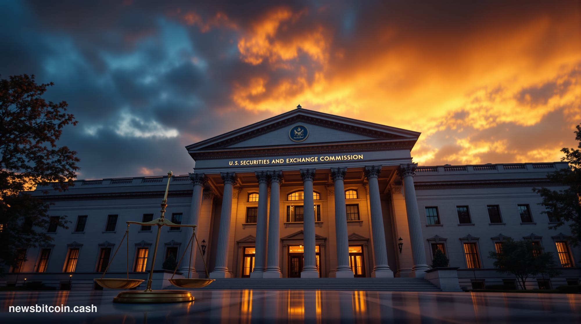 Cinematic photorealistic editorial photograph of the U.S. Securities and Exchange Commission headquarters in Washington D.C.,