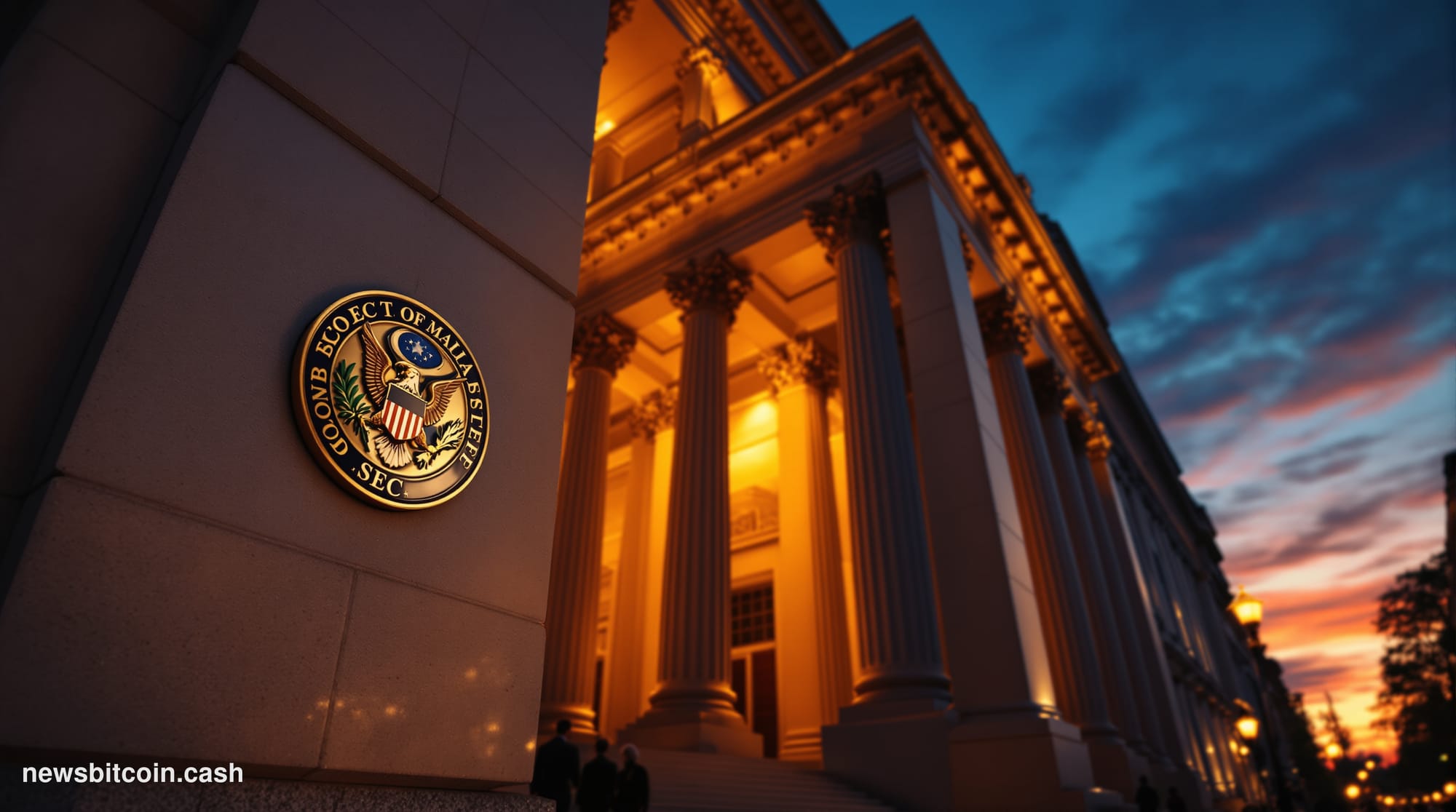 Cinematic photorealistic editorial photograph of the SEC headquarters in Washington D.C. — the neoclassical stone facade of 1