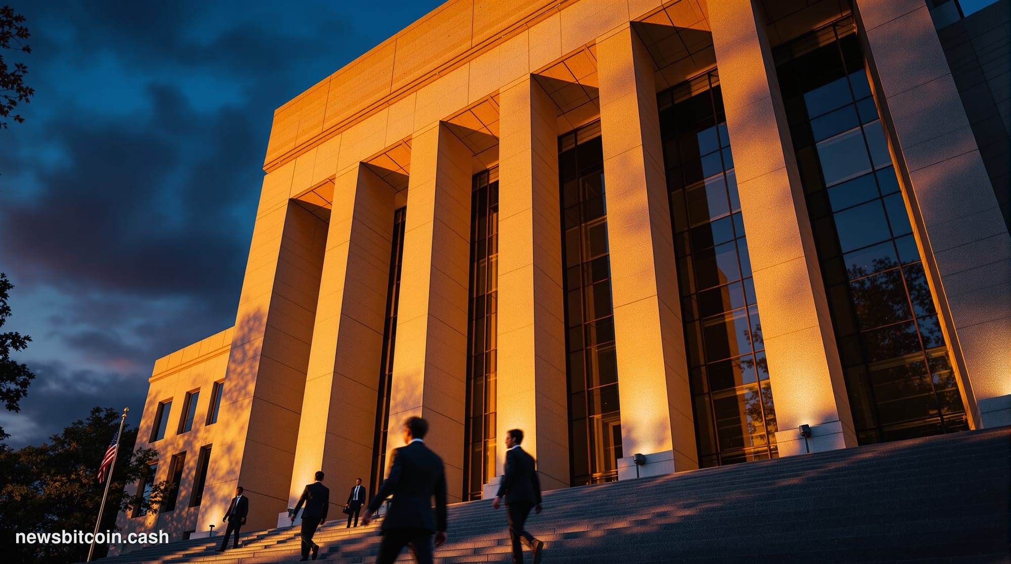 Cinematic photorealistic editorial photograph of the SEC headquarters in Washington D.C. — the distinctive modernist facade o