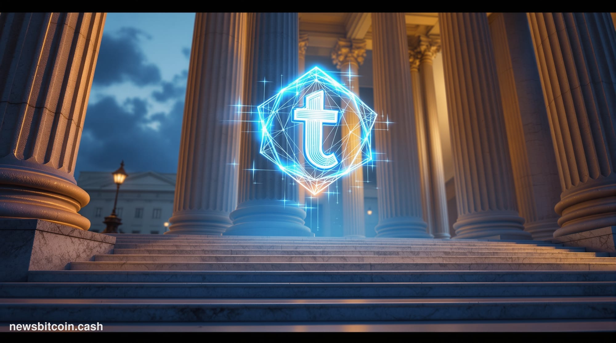 Cinematic photorealistic editorial photograph of the SEC headquarters building in Washington D.C. — the neoclassical facade o