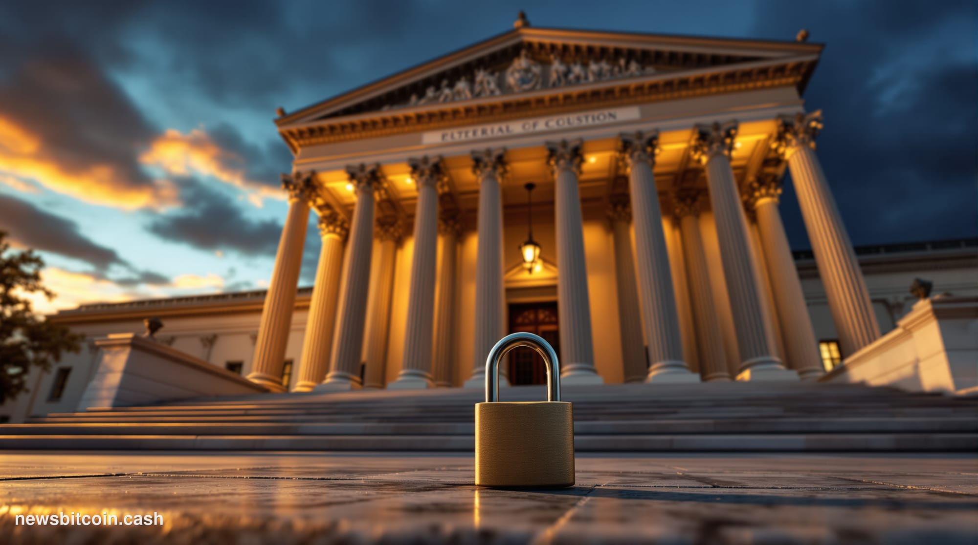 Cinematic photorealistic editorial photograph of the SEC headquarters building in Washington D.C. — the distinctive neoclassi
