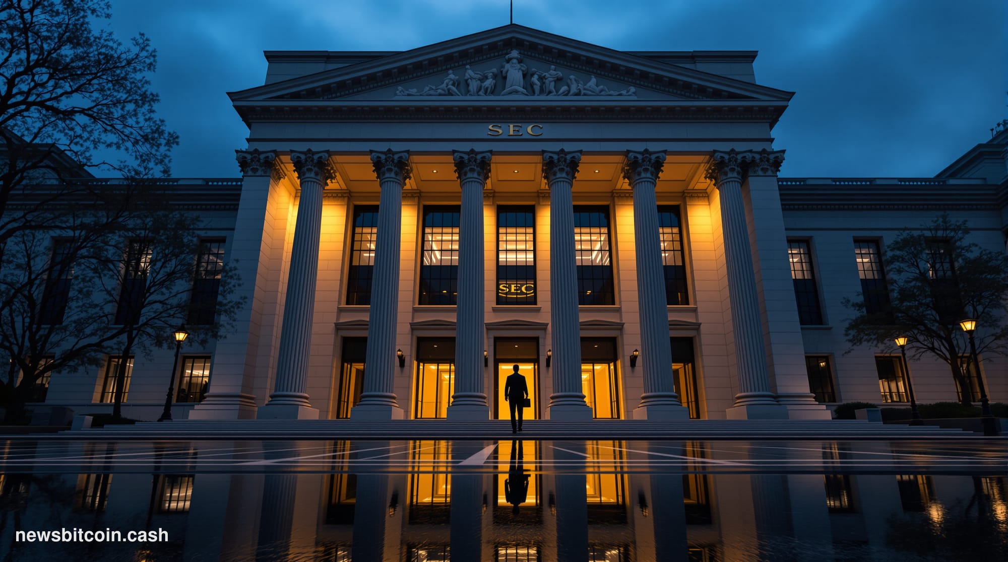 Cinematic photorealistic editorial photograph of the SEC headquarters building in Washington D.C. — the imposing neoclassical