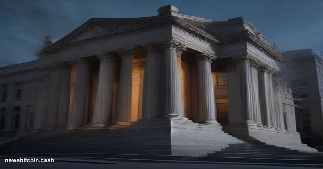 Cinematic photorealistic editorial photograph of the imposing neoclassical facade of the SEC headquarters building in Washing
