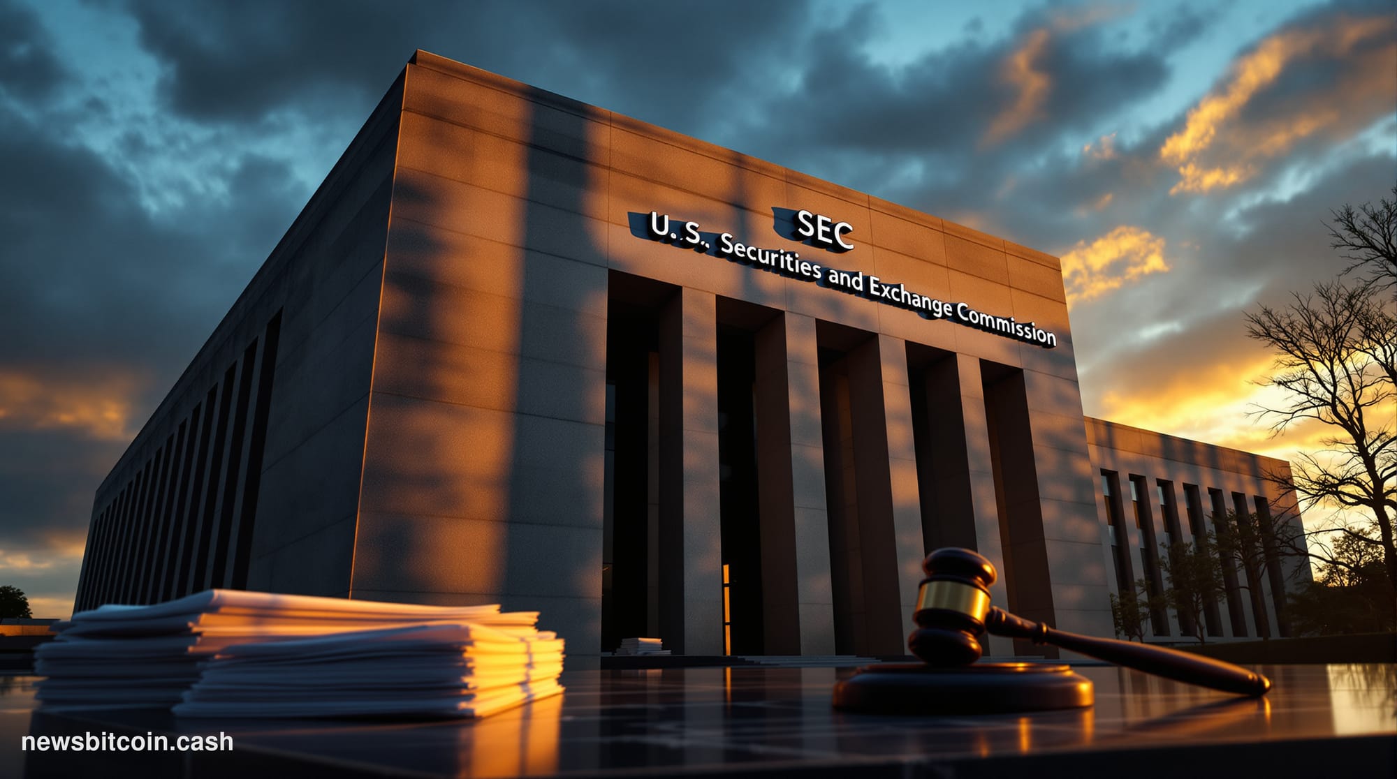 A cinematic photorealistic editorial photograph of the SEC headquarters building in Washington D.C. — the brutalist facade of