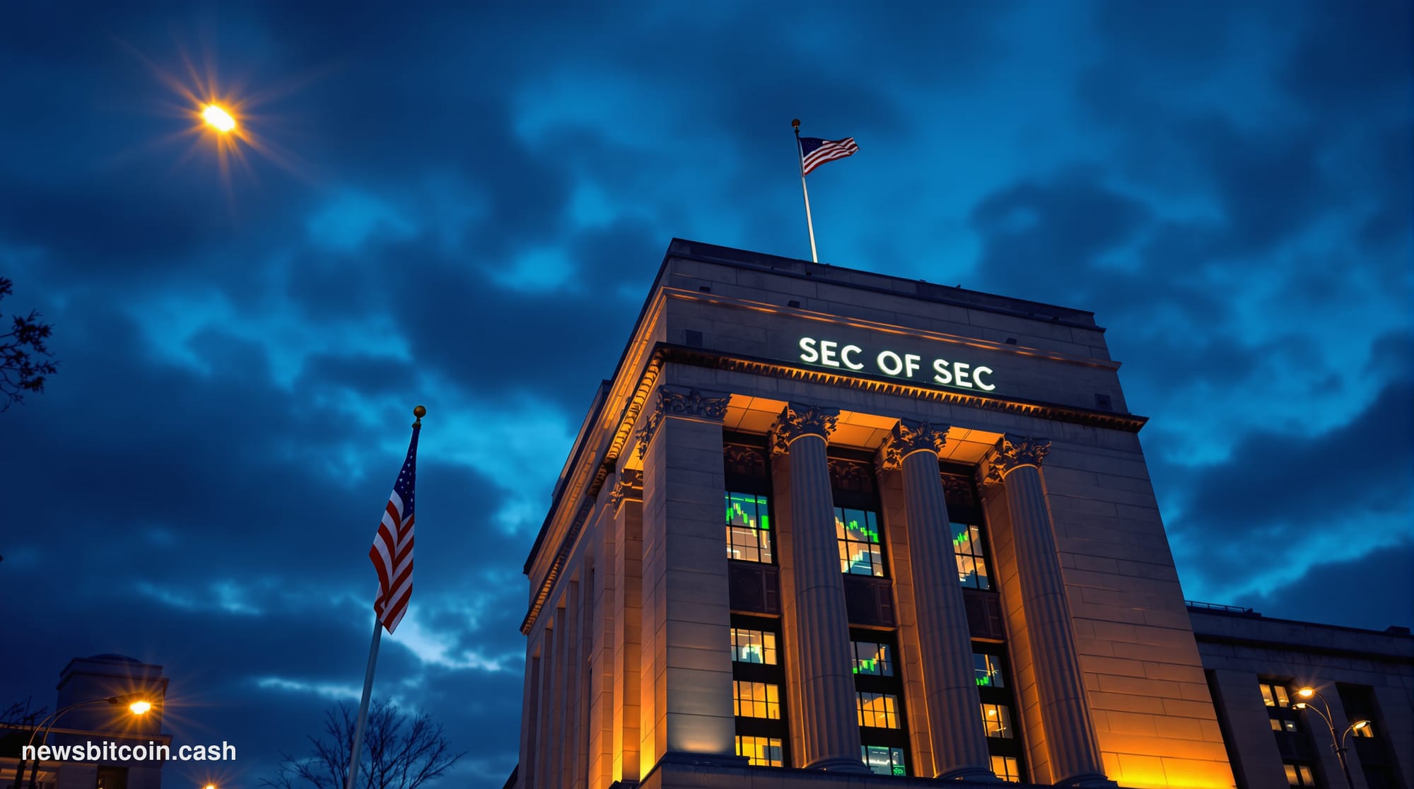 A cinematic photorealistic editorial photograph of the SEC headquarters in Washington D.C. — the imposing brutalist facade of