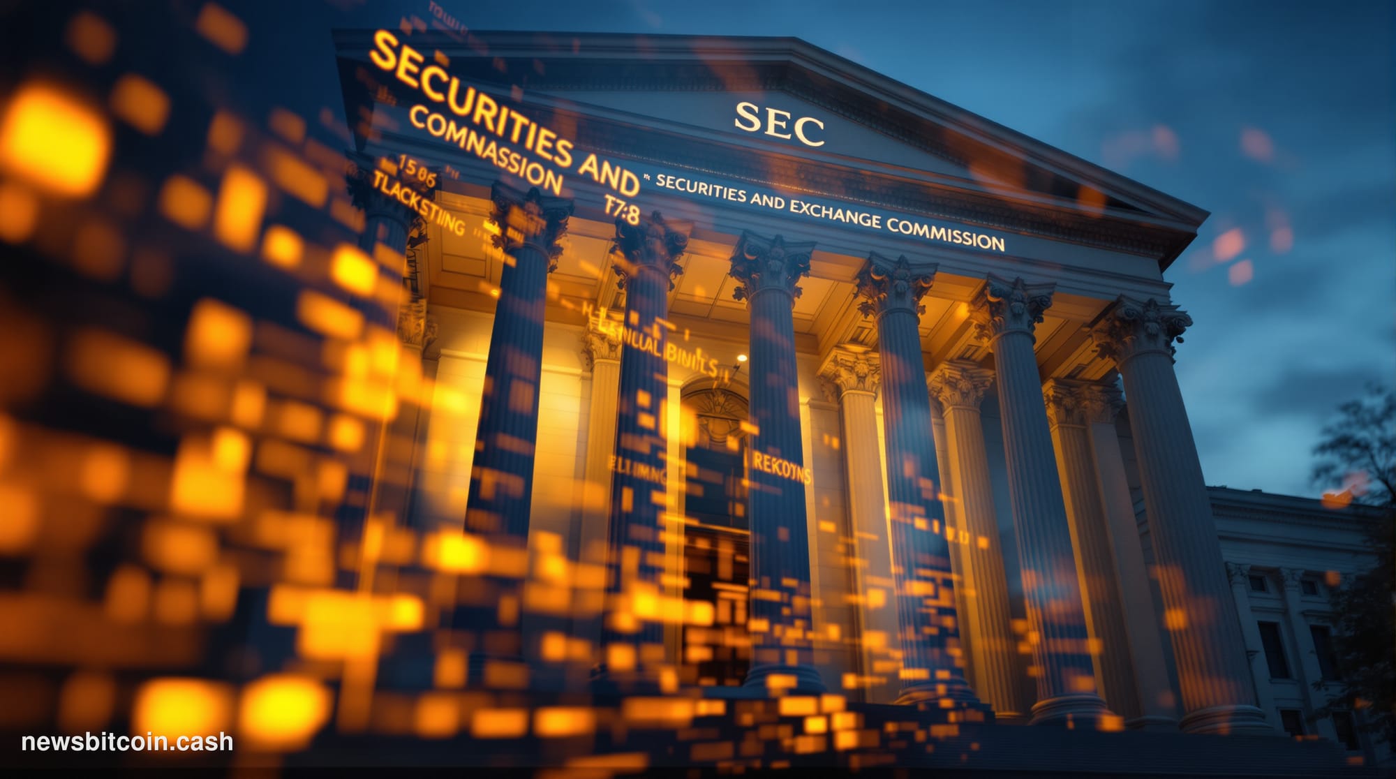 A cinematic photorealistic editorial photograph of the SEC headquarters in Washington D.C. — the neoclassical limestone facad