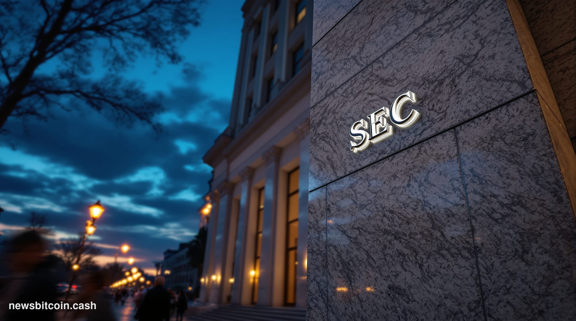 Cinematic photorealistic editorial photograph of the SEC headquarters in Washington D.C. — the distinctive neoclassical stone