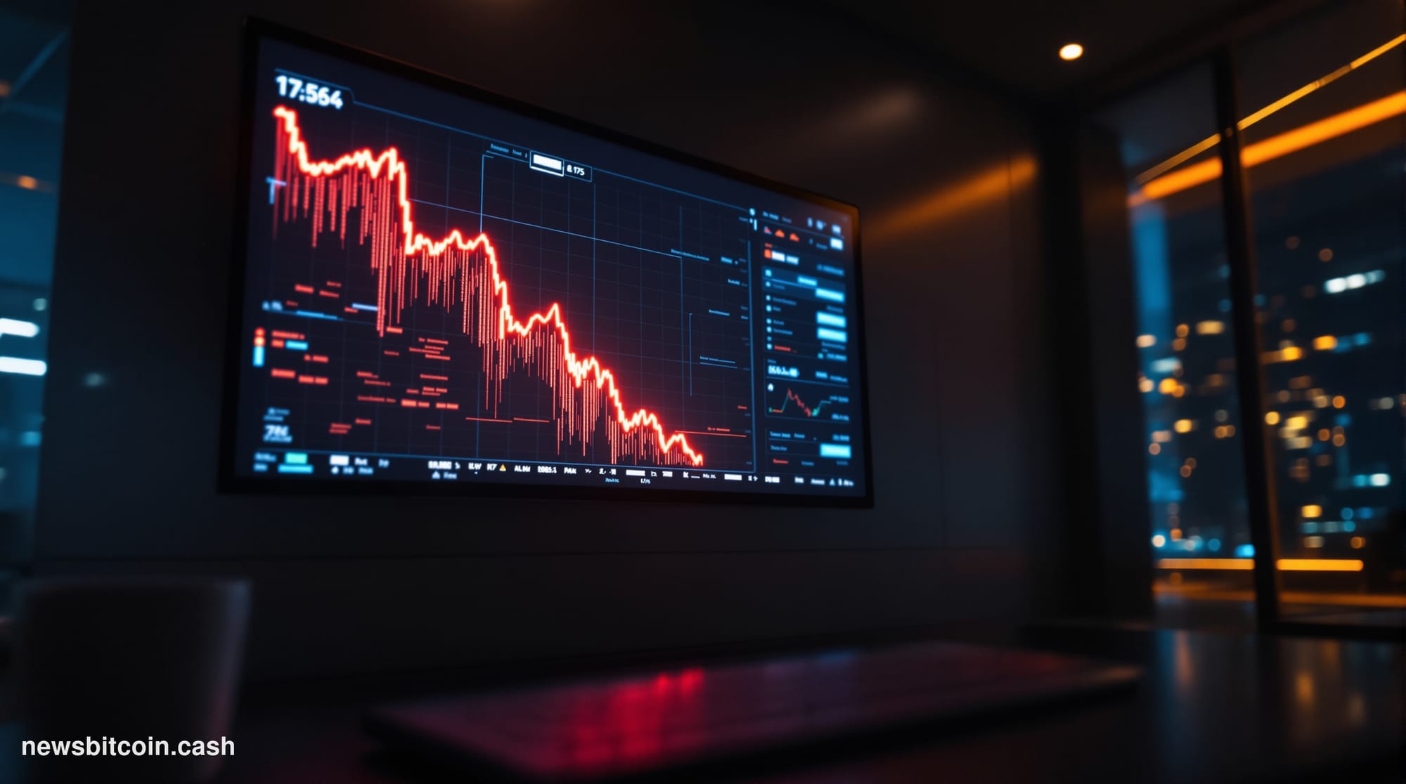 A cinematic photorealistic editorial photograph of a digital trading terminal displaying a steep red downward price chart, se