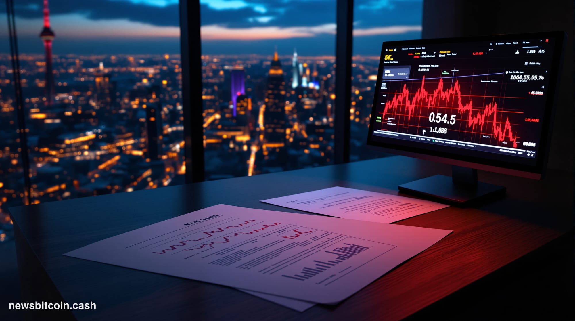 A cinematic photorealistic editorial photograph set inside a sleek, high-rise financial technology office environment with fl