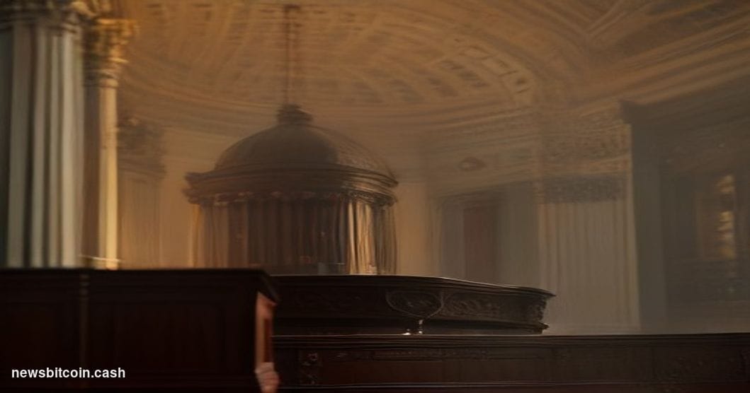 Cinematic photorealistic editorial photograph of the United States Senate chamber interior, shot from a low angle looking up 
