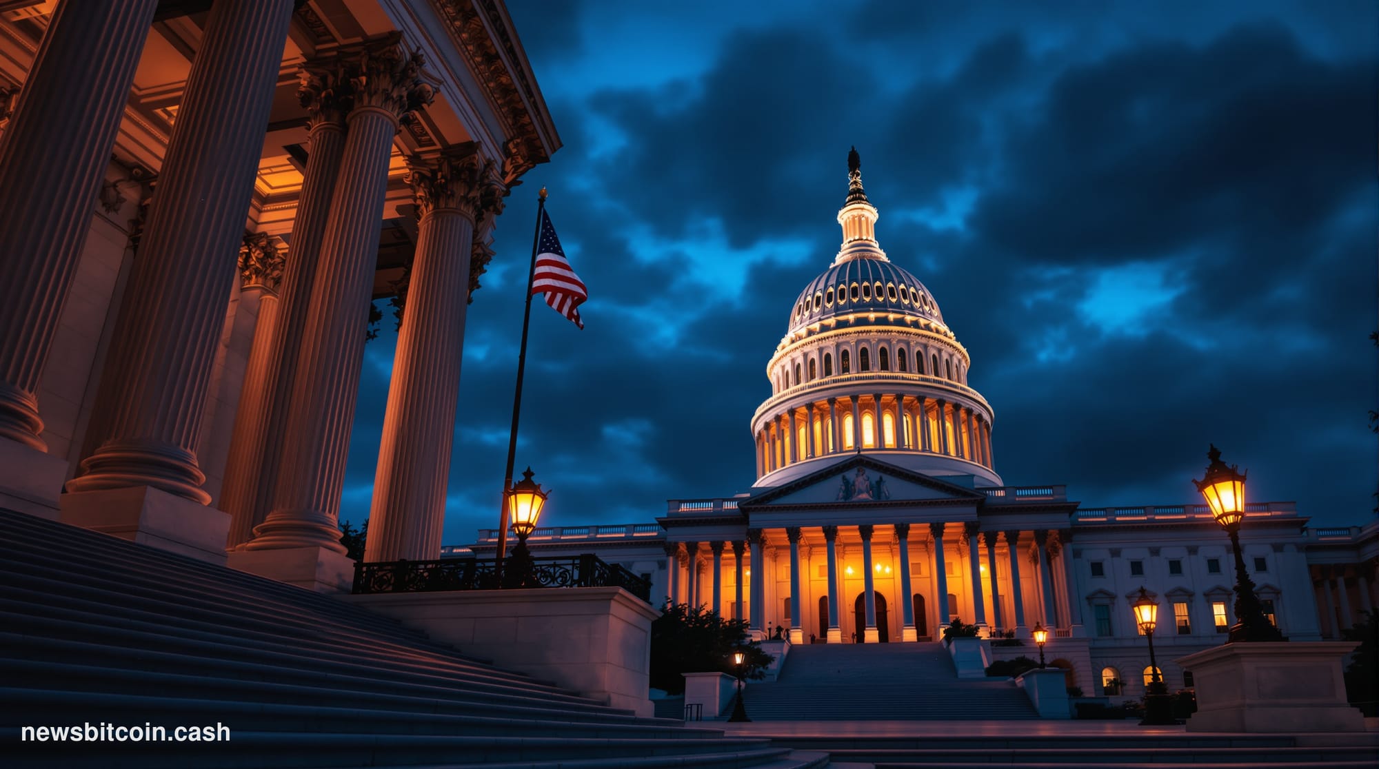 A cinematic photorealistic editorial photograph of the United States Senate chamber in Washington D.C., shot from a low angle