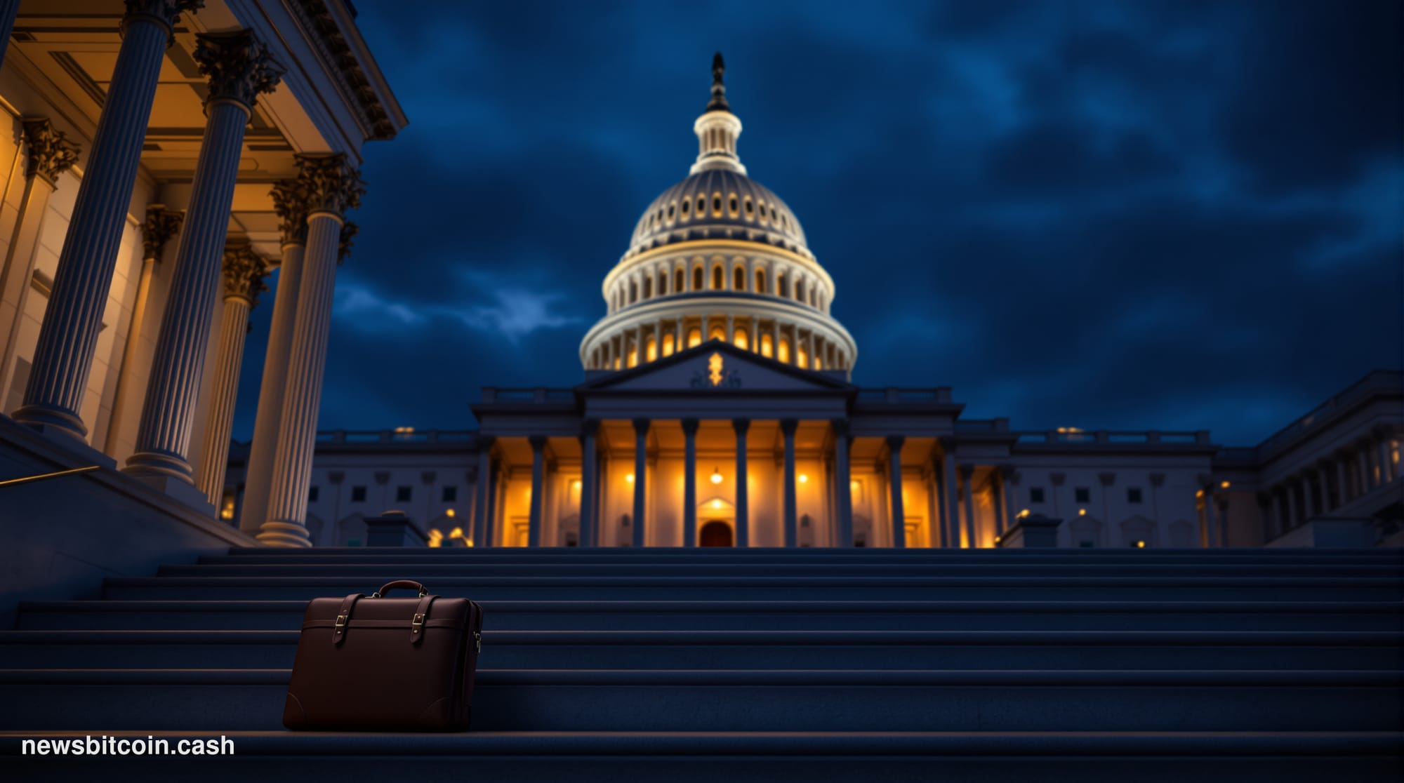 Cinematic photorealistic editorial photograph of the United States Capitol building at dusk, shot from a low angle looking up