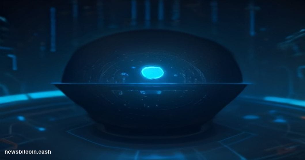 Cinematic photorealistic editorial photograph of a glowing, circuit-etched Bitcoin coin resting on a dark matte surface, with