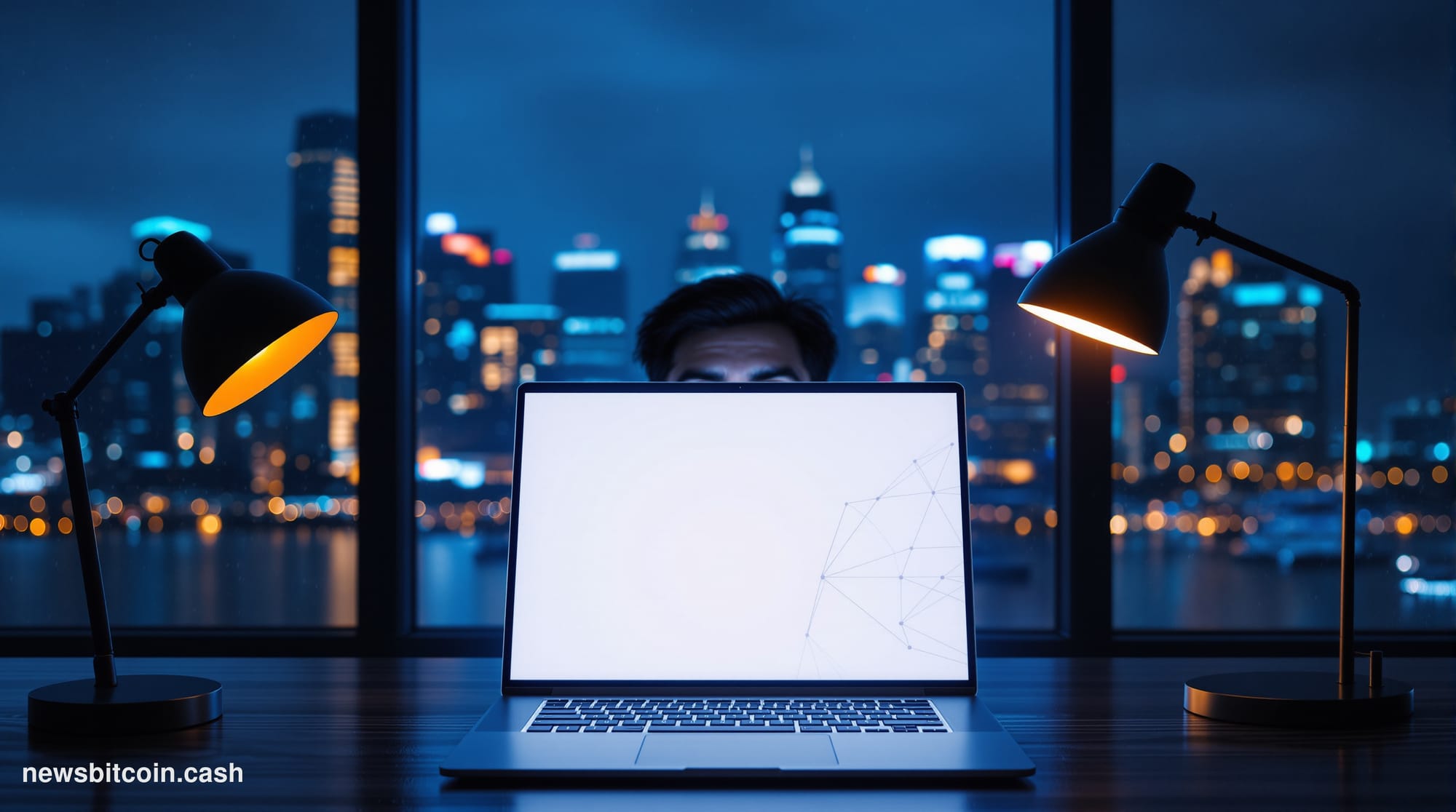 A cinematic photorealistic editorial photograph set in Singapore's Marina Bay financial district at night, its iconic skyline
