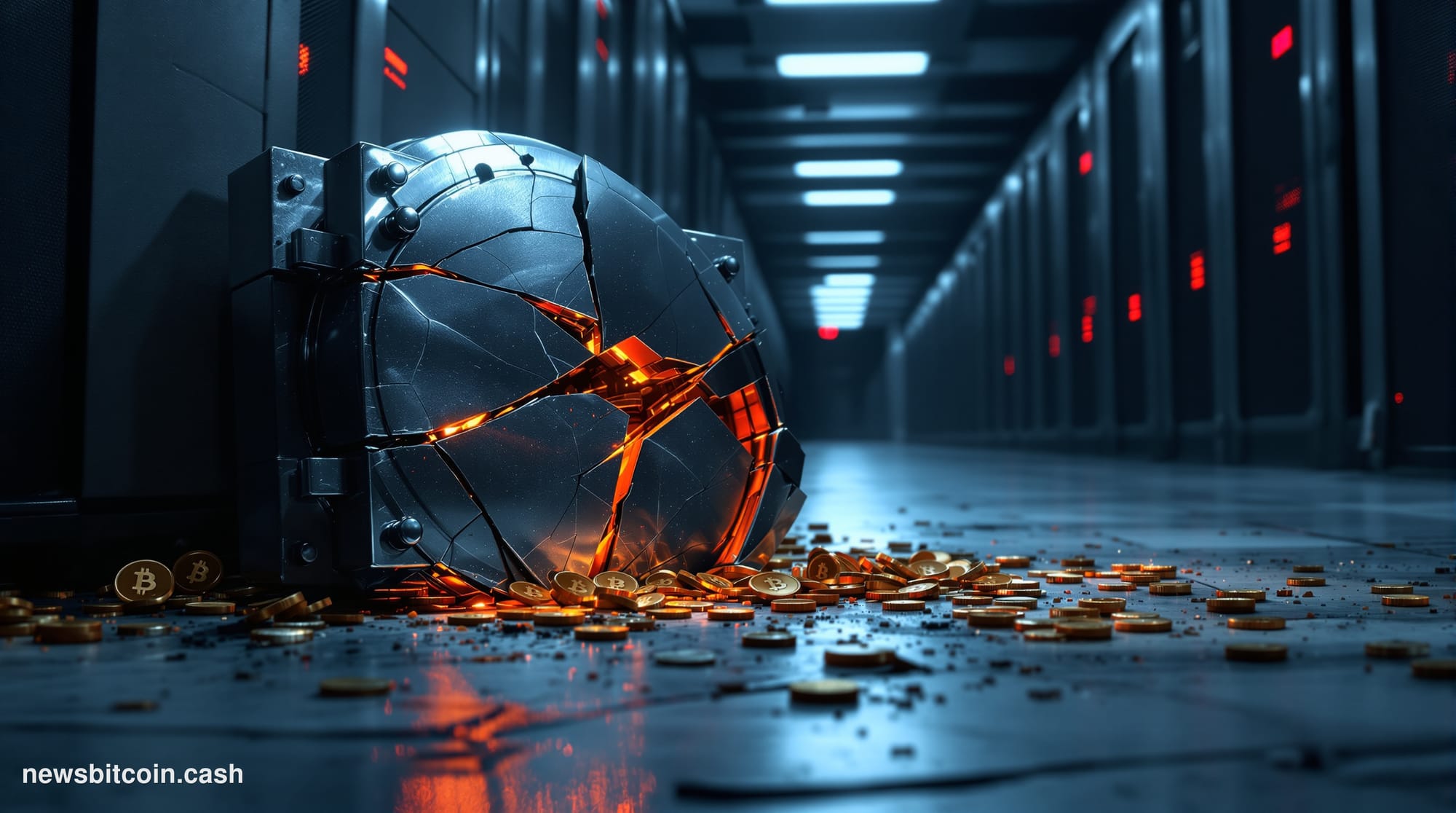 A cinematic photorealistic editorial photograph of a shattered digital vault door lying on a cold concrete floor, rendered in