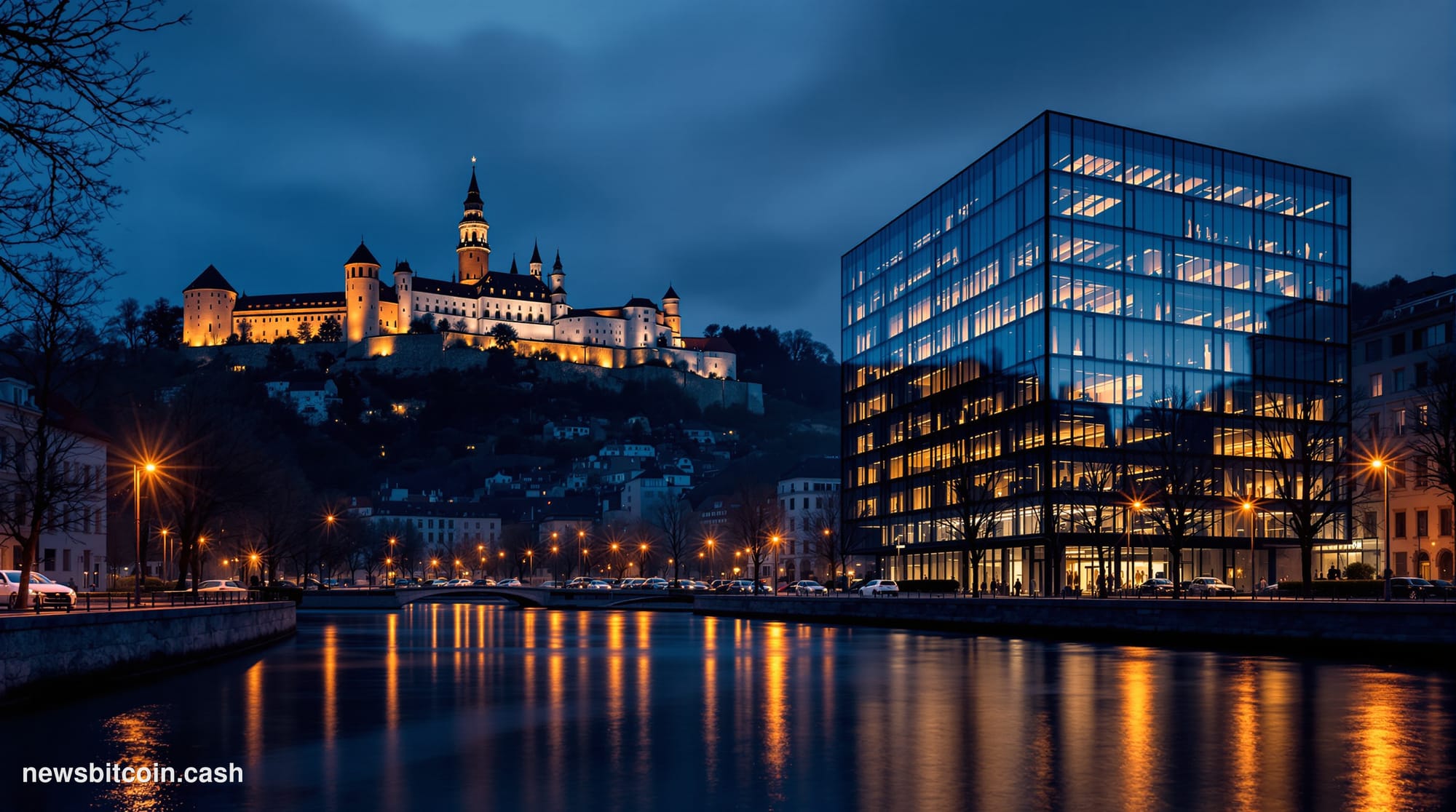 Cinematic photorealistic editorial photograph of Ljubljana, Slovenia's capital, at dusk, with the iconic Ljubljana Castle dra