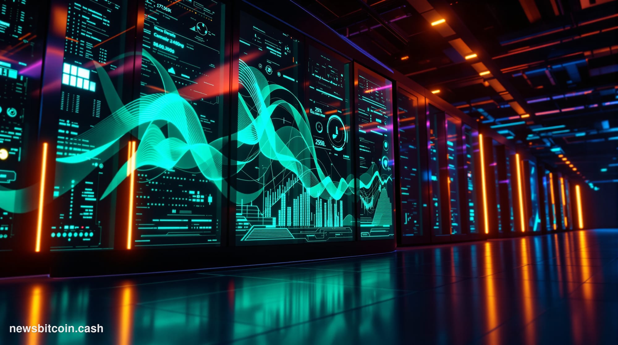 Cinematic photorealistic editorial photograph of a Solana validator node environment — a sleek, dimly lit server room with ro