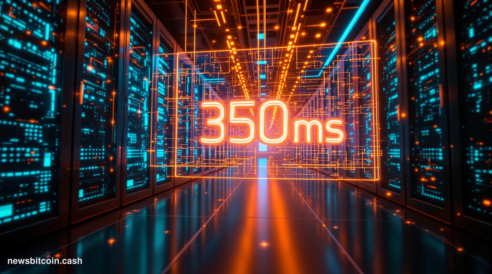Cinematic photorealistic editorial photograph of a glowing fiber-optic data corridor representing high-speed blockchain throu