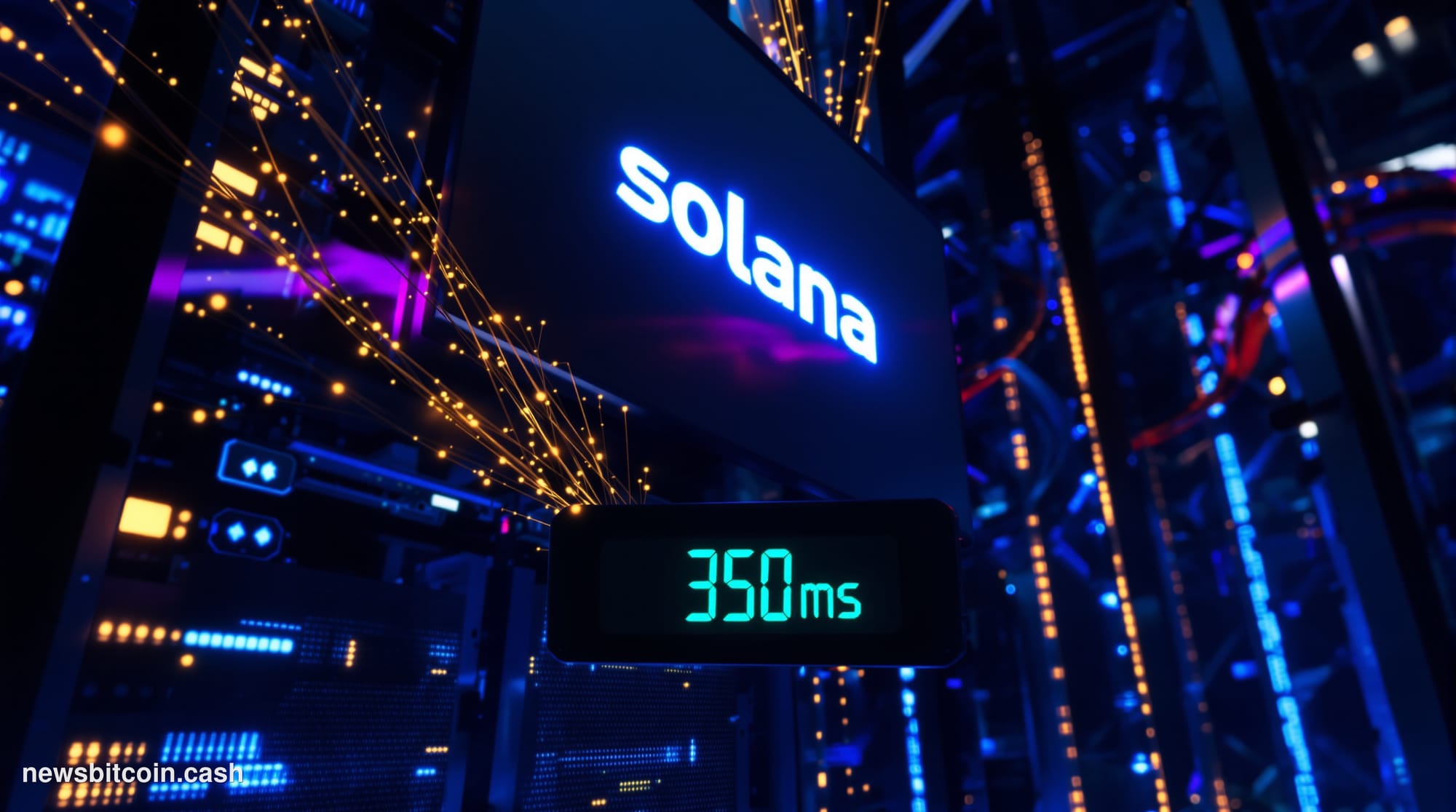 Cinematic photorealistic editorial photograph of a high-performance server rack facility bathed in deep electric blue and vio