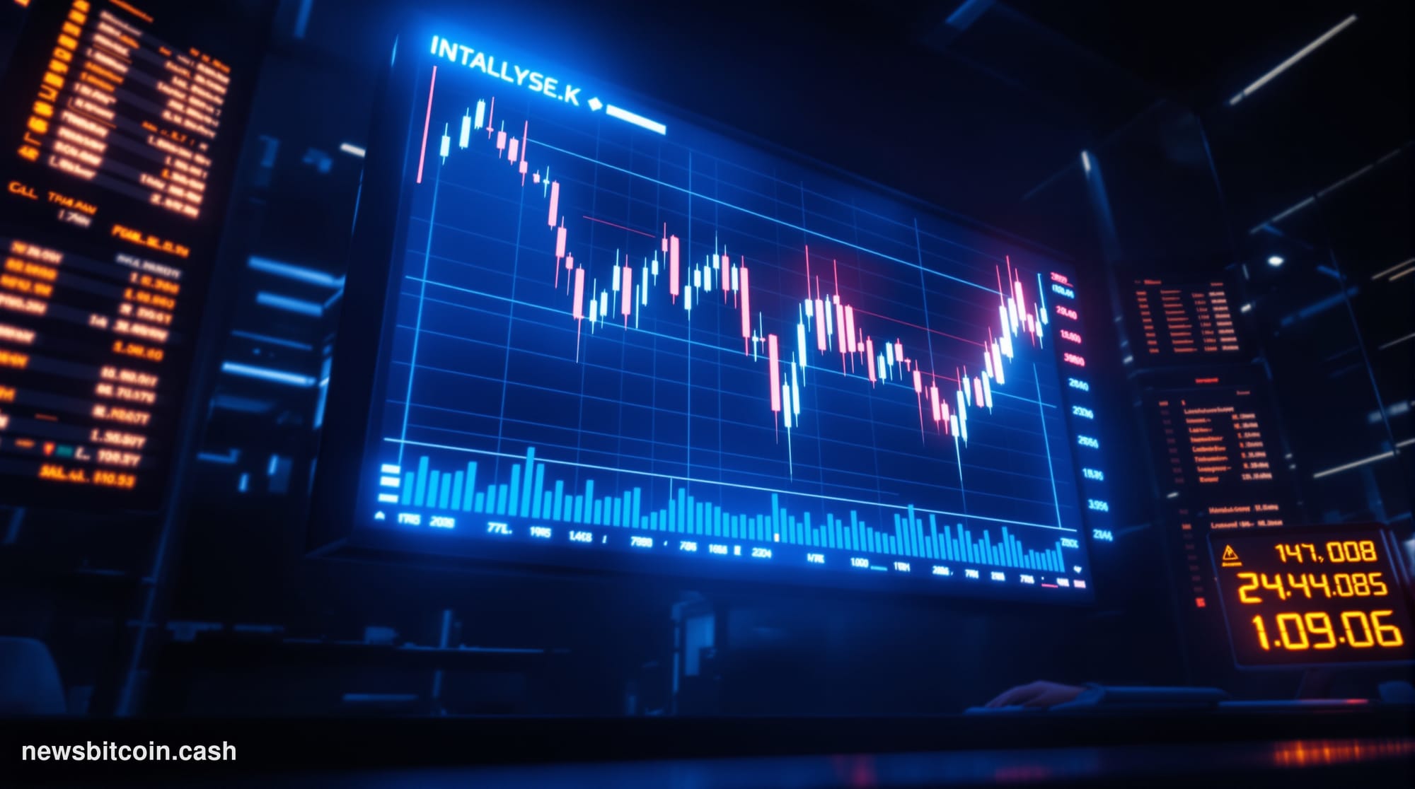 A cinematic photorealistic editorial photograph of a large illuminated financial trading screen mounted in a dark, moody trad