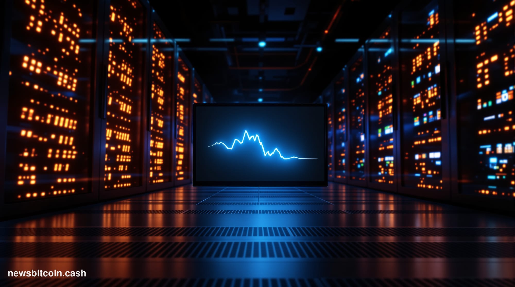 Cinematic photorealistic editorial photograph of a darkened server infrastructure corridor representing a large-scale network