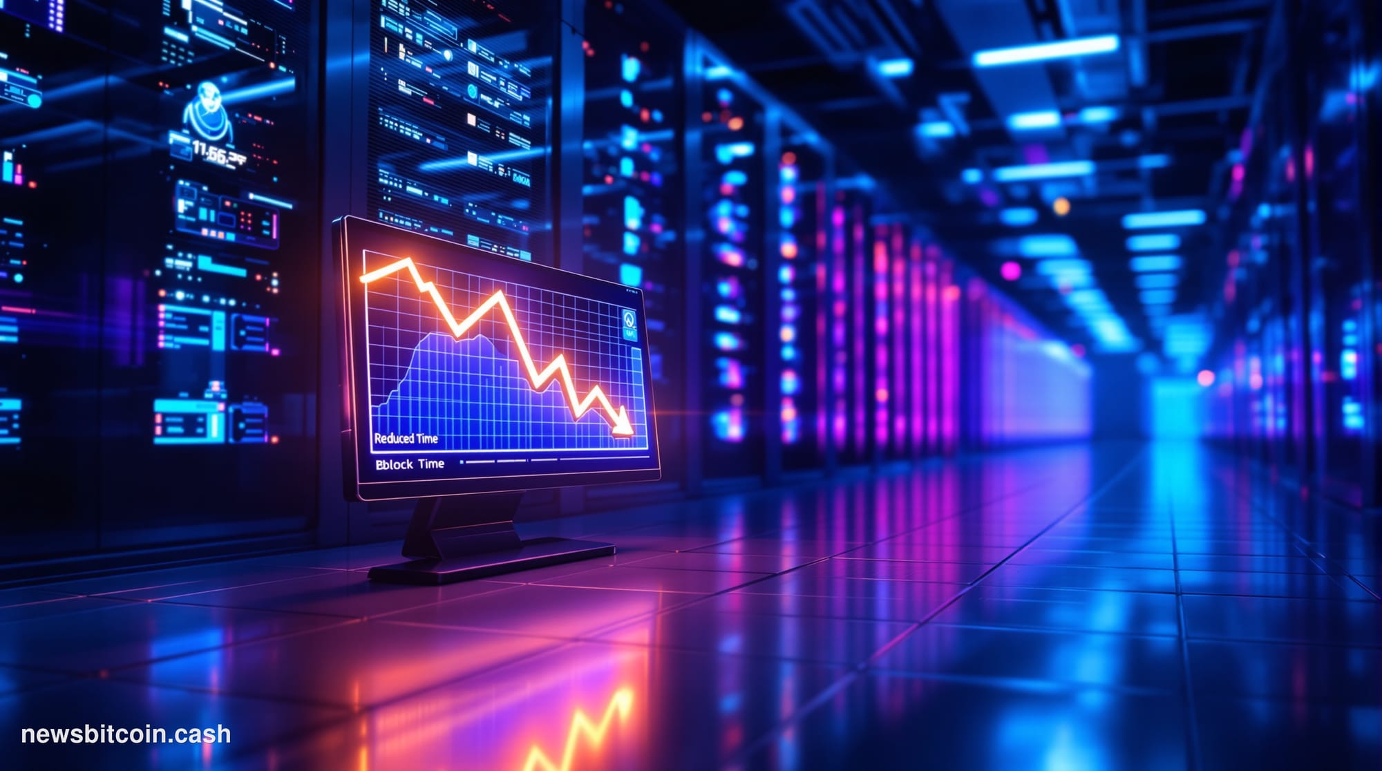 Cinematic photorealistic editorial photograph of a sleek, futuristic data center interior bathed in deep blue and electric vi