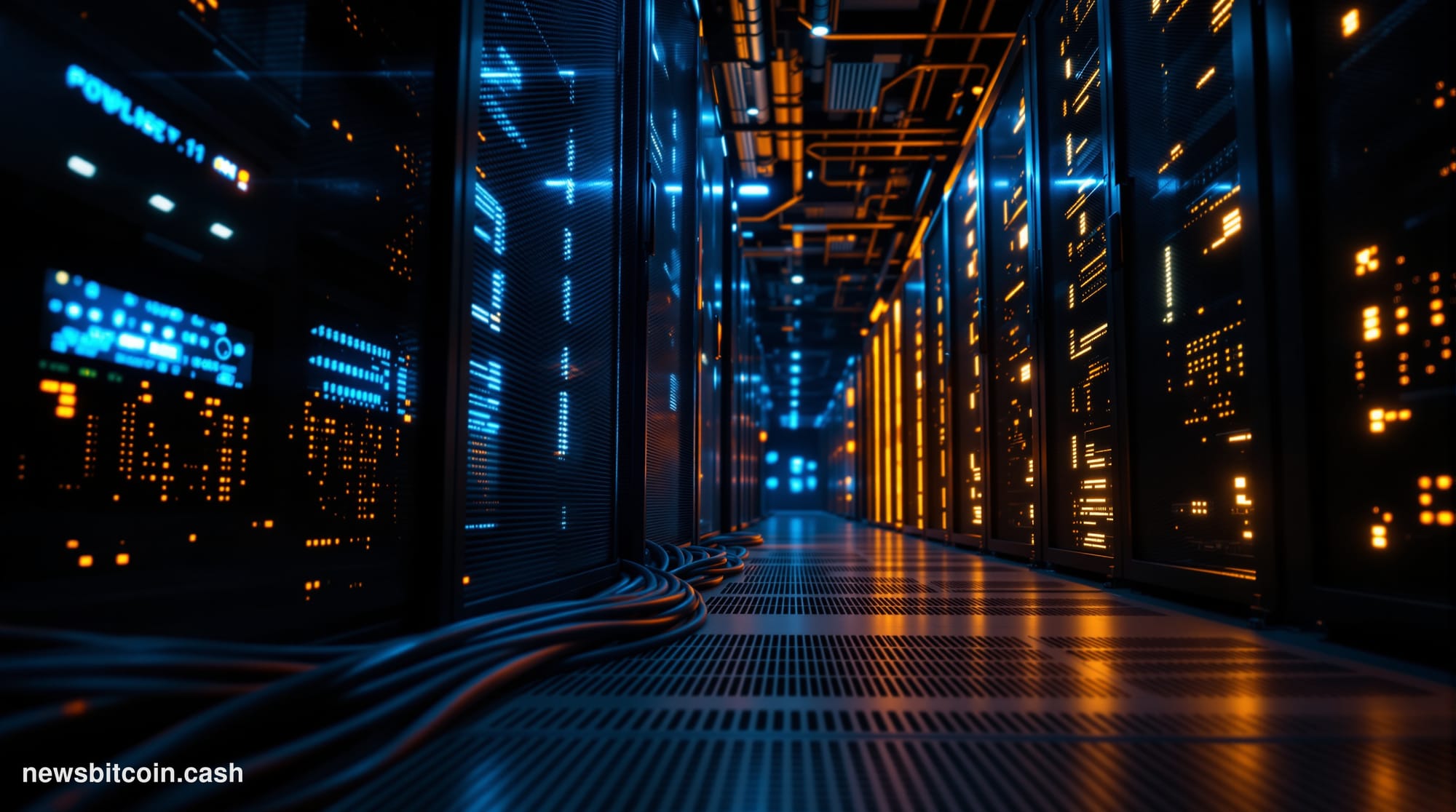 Cinematic photorealistic editorial photograph of a large-scale data center corridor, dramatically underlit with cold blue eme