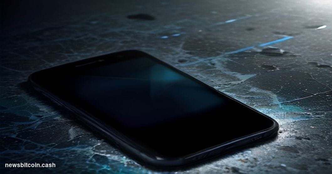 Cinematic photorealistic editorial photograph of a cracked and shattered smartphone screen displaying a banking application i
