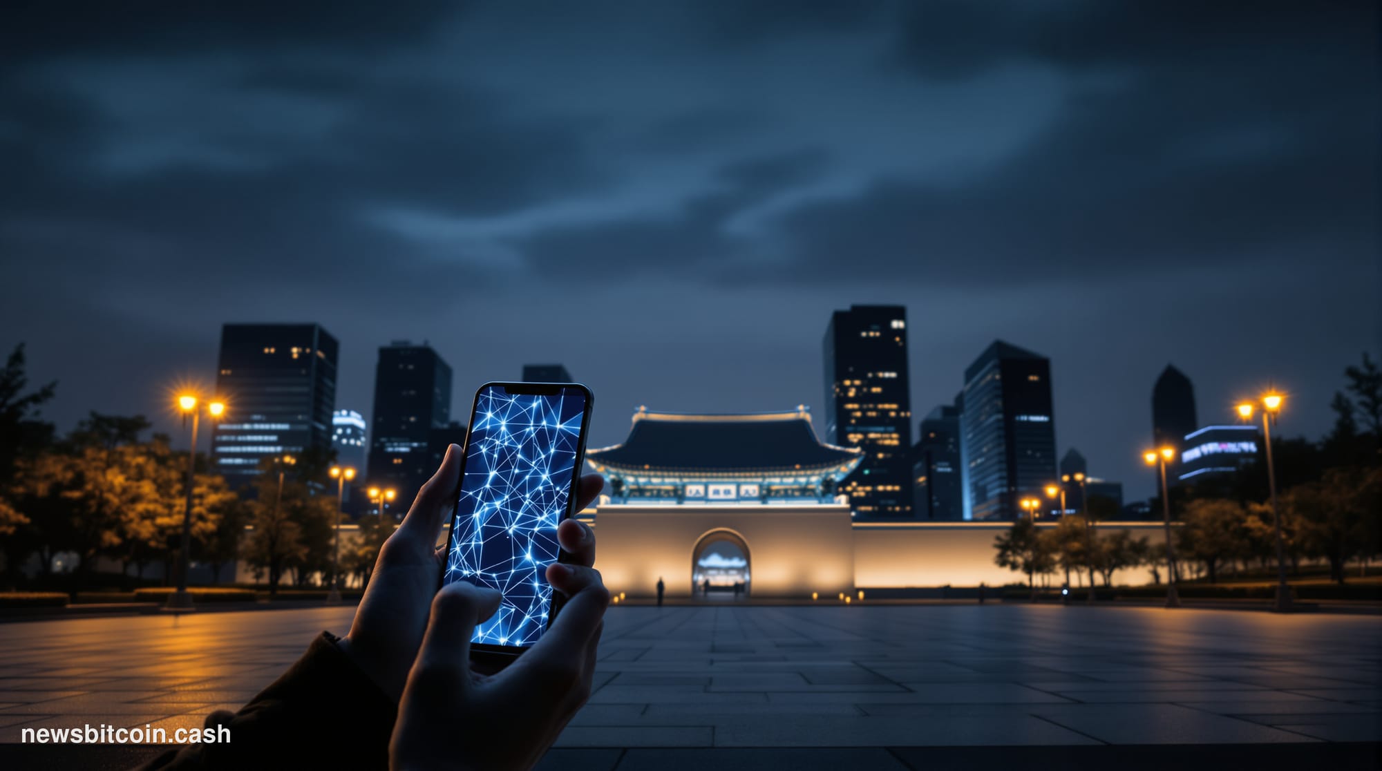 Cinematic photorealistic editorial photograph of Seoul's Gwanghwamun Square at dusk, with the iconic Gyeongbokgung Palace gat