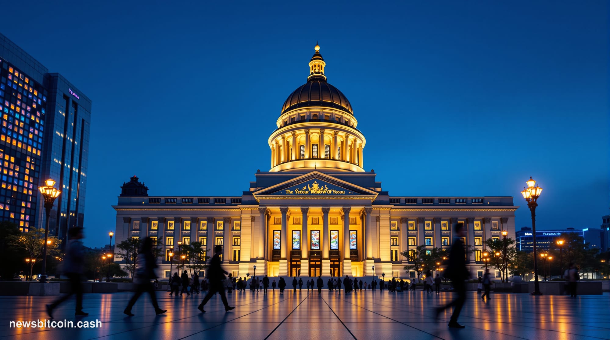 Cinematic photorealistic editorial photograph of the South Korean National Assembly building in Yeouido, Seoul, at dusk, shot