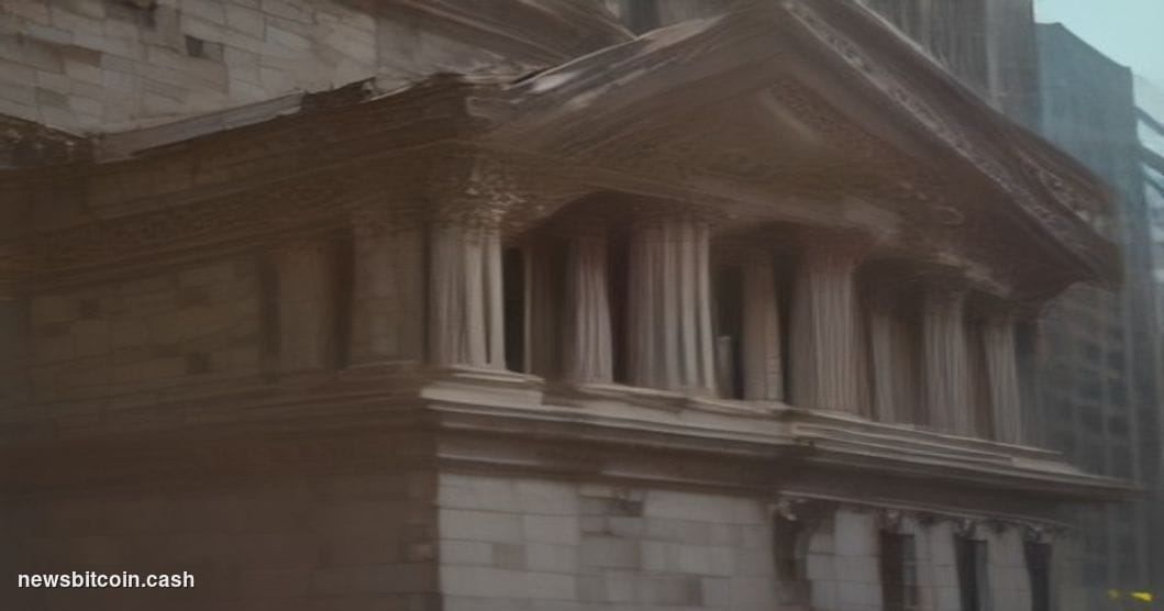 Cinematic photorealistic editorial photograph of the New York Stock Exchange facade on Wall Street, shot from a low angle at 