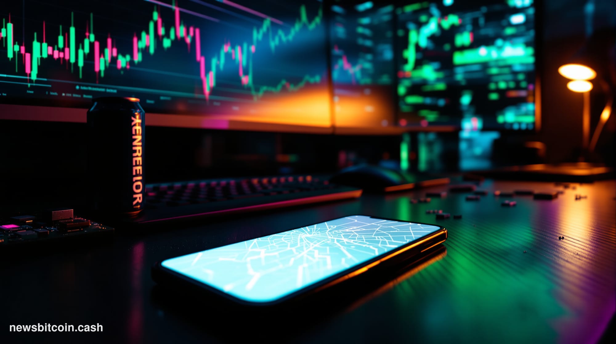 Cinematic photorealistic editorial photograph of a sleek, dimly lit trading desk environment bathed in the green-purple glow 