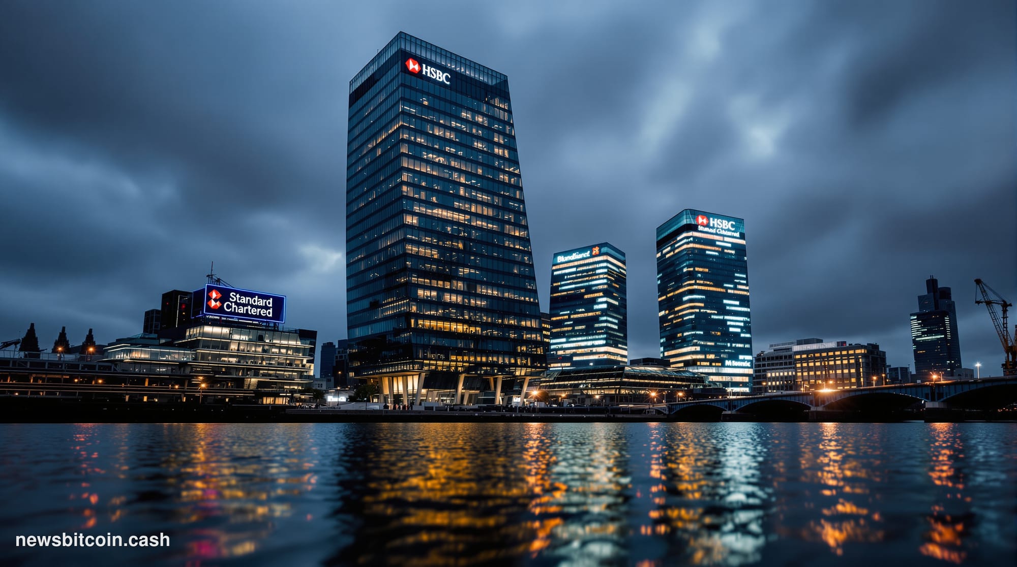 Cinematic photorealistic editorial photograph of the HSBC headquarters tower in Canary Wharf, London, shot from a low angle a
