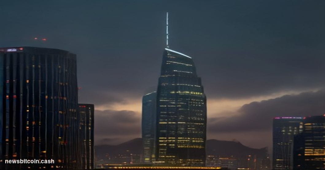 Cinematic photorealistic editorial photograph of Standard Chartered's Hong Kong headquarters tower rising against a moody twi
