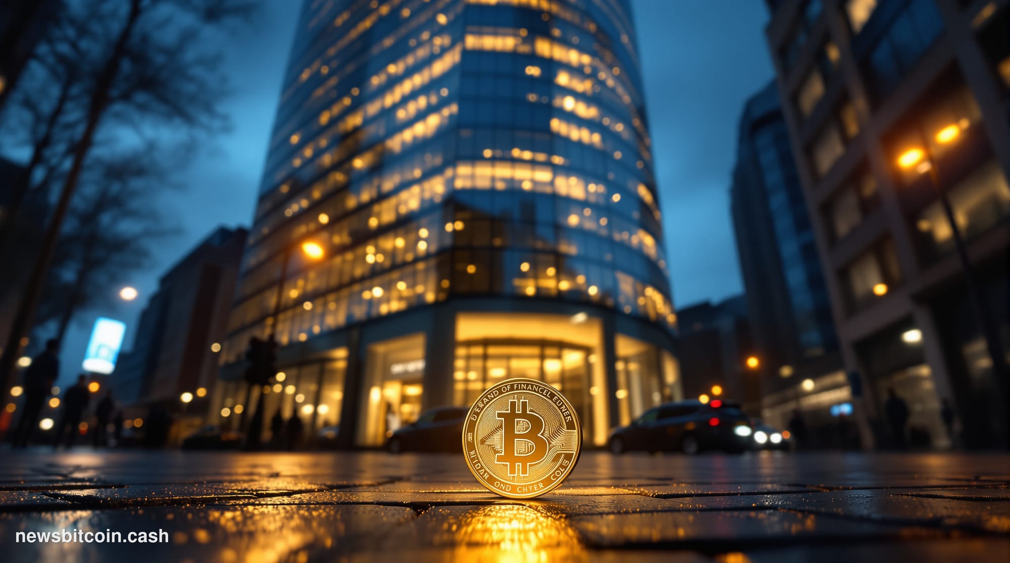 Cinematic photorealistic editorial photograph of Standard Chartered's iconic London headquarters on Basinghall Street at dusk